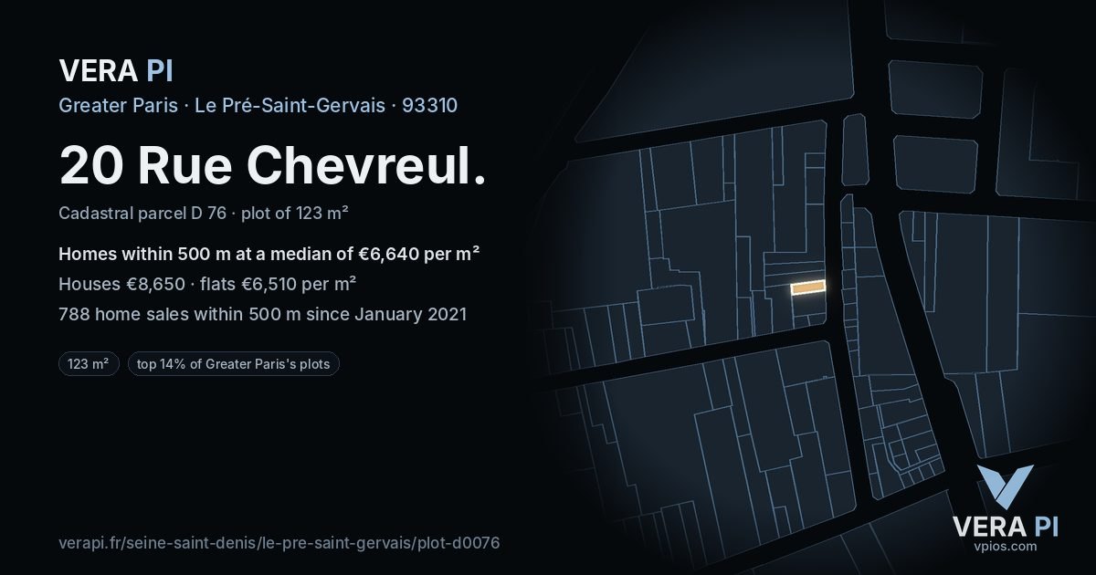 20 Rue Chevreul, Le Pré-Saint-Gervais at night – the plot lit, the parcels around coloured by the prices near them