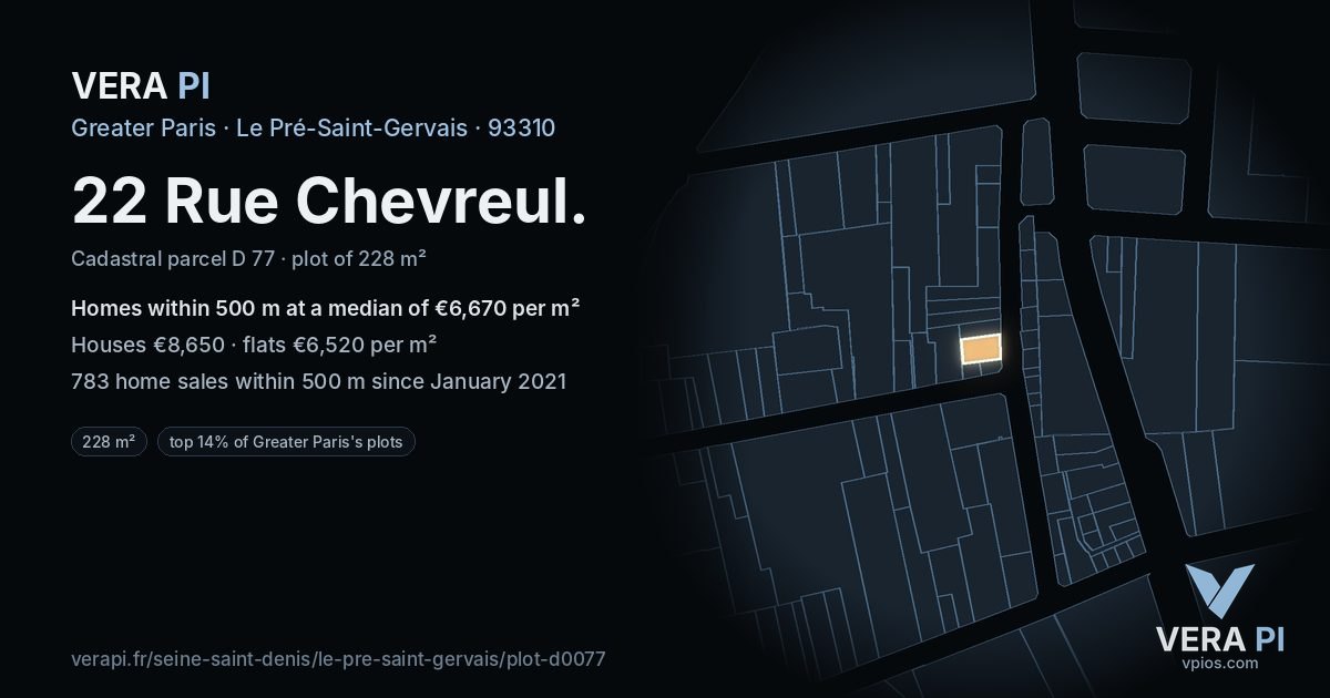 22 Rue Chevreul, Le Pré-Saint-Gervais at night – the plot lit, the parcels around coloured by the prices near them