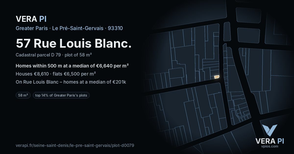 57 Rue Louis Blanc, Le Pré-Saint-Gervais at night – the plot lit, the parcels around coloured by the prices near them