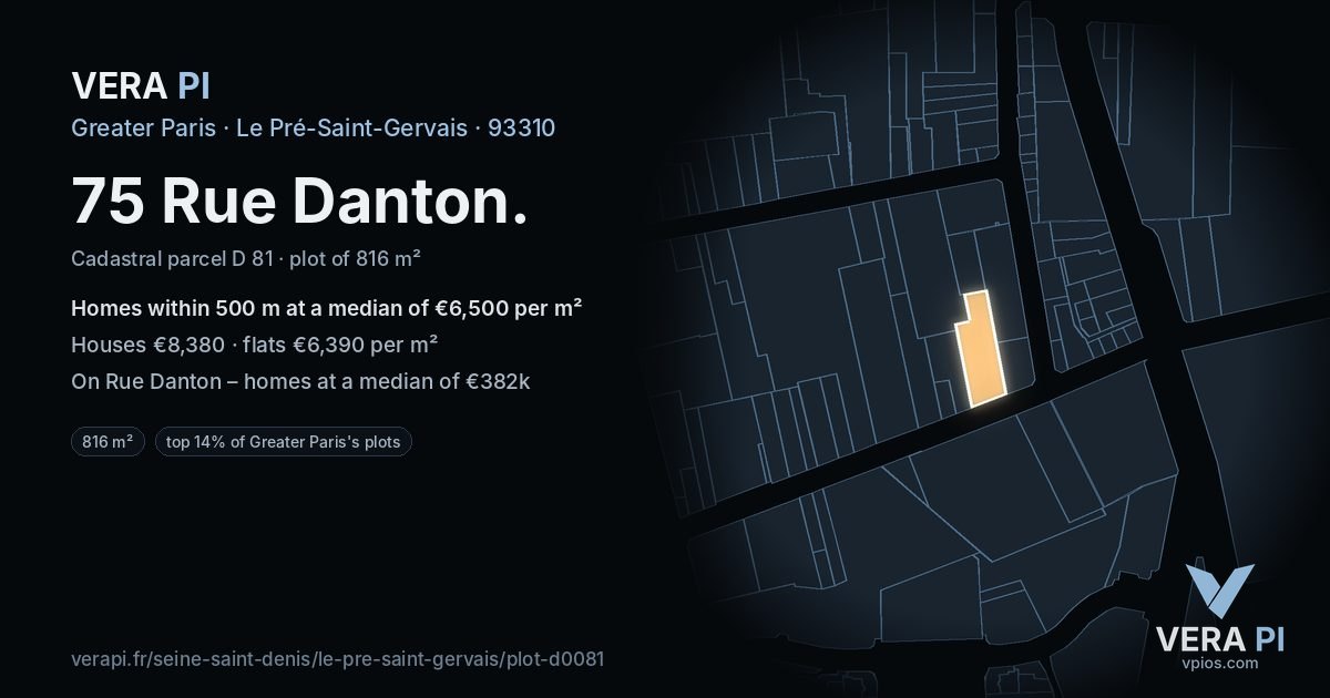 75 Rue Danton, Le Pré-Saint-Gervais at night – the plot lit, the parcels around coloured by the prices near them
