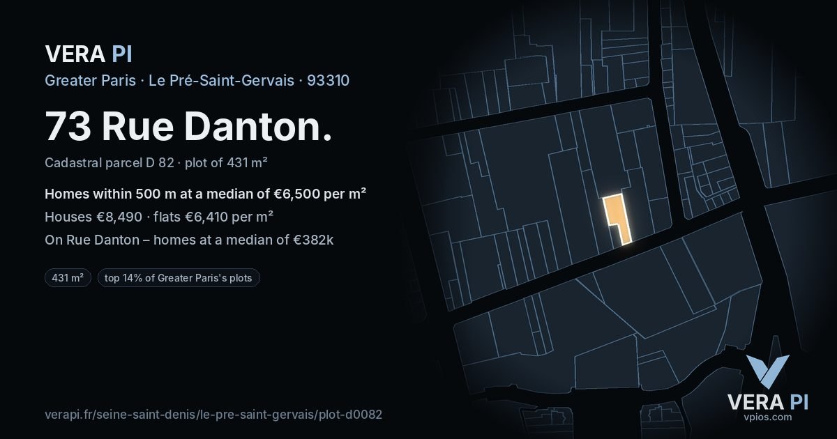 73 Rue Danton, Le Pré-Saint-Gervais at night – the plot lit, the parcels around coloured by the prices near them