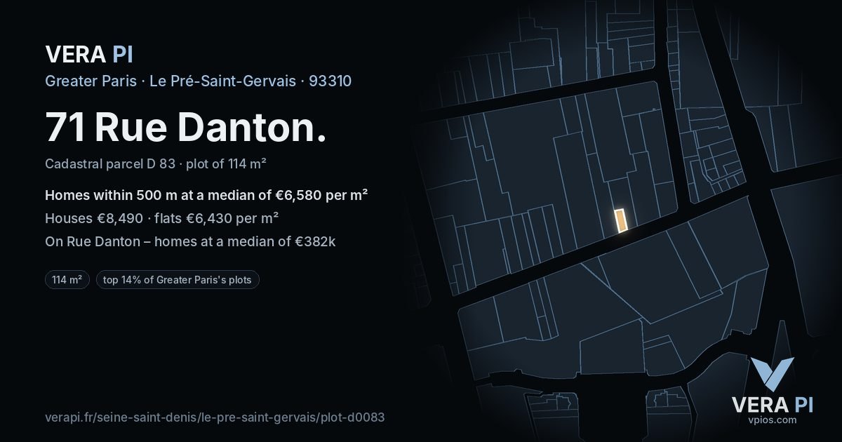 71 Rue Danton, Le Pré-Saint-Gervais at night – the plot lit, the parcels around coloured by the prices near them