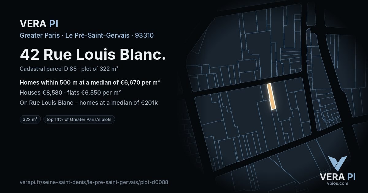 42 Rue Louis Blanc, Le Pré-Saint-Gervais at night – the plot lit, the parcels around coloured by the prices near them