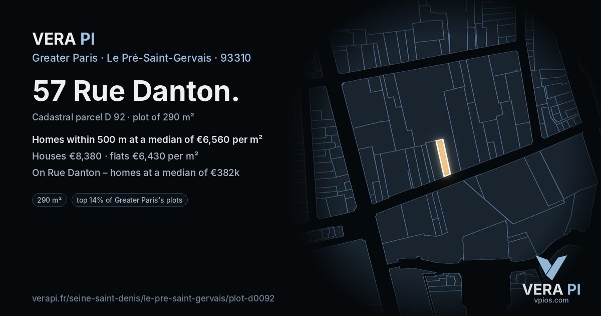 57 Rue Danton, Le Pré-Saint-Gervais at night – the plot lit, the parcels around coloured by the prices near them