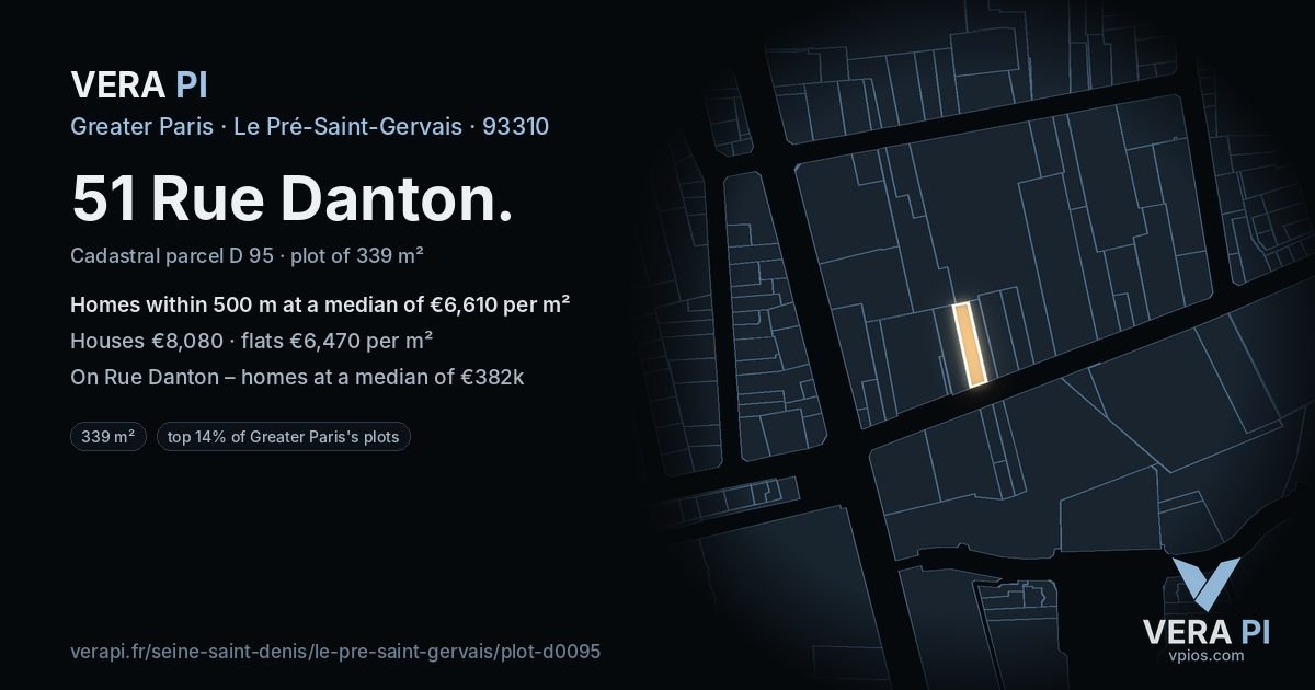 51 Rue Danton, Le Pré-Saint-Gervais at night – the plot lit, the parcels around coloured by the prices near them