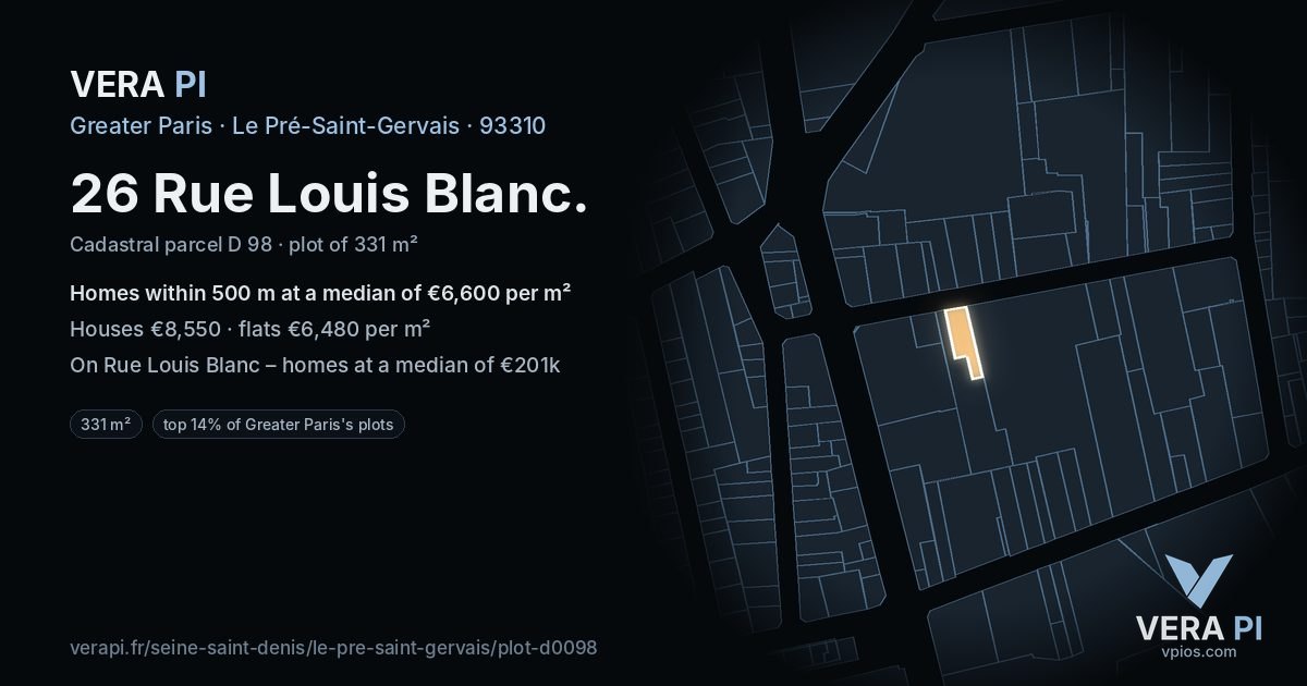 26 Rue Louis Blanc, Le Pré-Saint-Gervais at night – the plot lit, the parcels around coloured by the prices near them