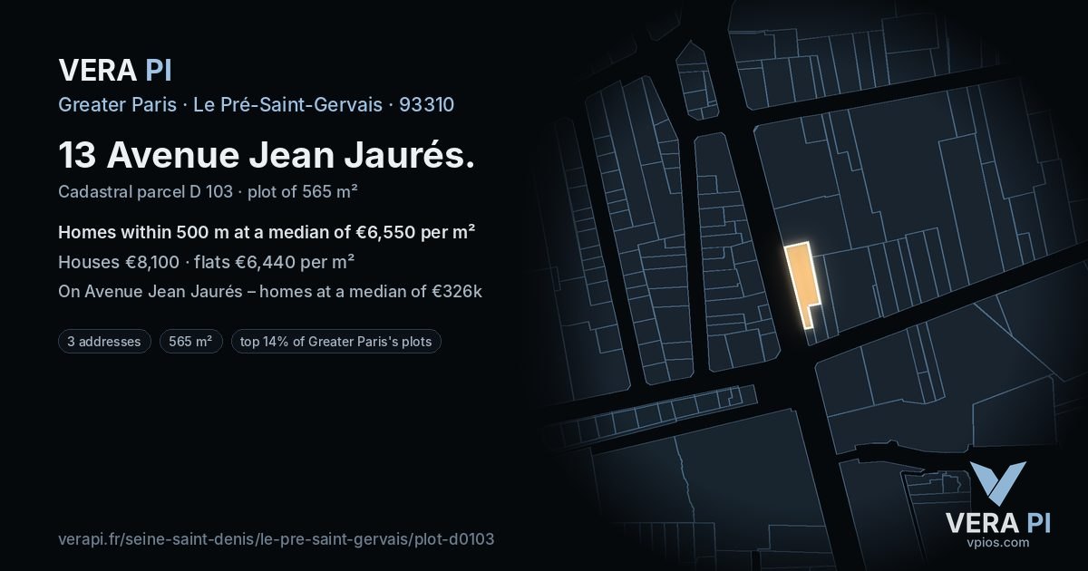 13 Avenue Jean Jaurés, Le Pré-Saint-Gervais at night – the plot lit, the parcels around coloured by the prices near them