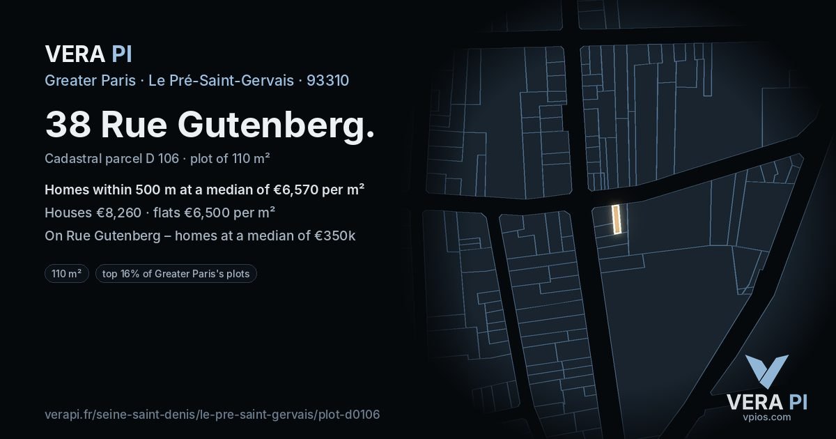 38 Rue Gutenberg, Le Pré-Saint-Gervais at night – the plot lit, the parcels around coloured by the prices near them