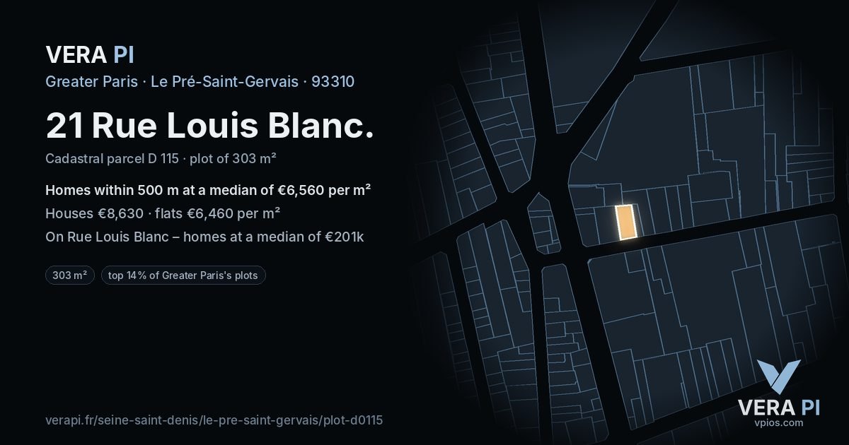 21 Rue Louis Blanc, Le Pré-Saint-Gervais at night – the plot lit, the parcels around coloured by the prices near them