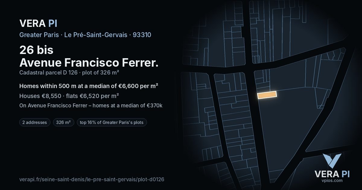 26 bis Avenue Francisco Ferrer, Le Pré-Saint-Gervais at night – the plot lit, the parcels around coloured by the prices near them