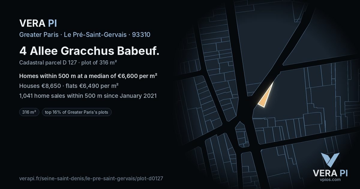 4 Allee Gracchus Babeuf, Le Pré-Saint-Gervais at night – the plot lit, the parcels around coloured by the prices near them