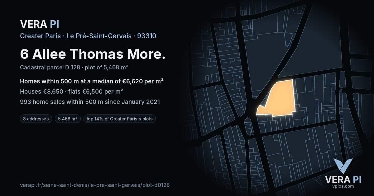 6 Allee Thomas More, Le Pré-Saint-Gervais at night – the plot lit, the parcels around coloured by the prices near them