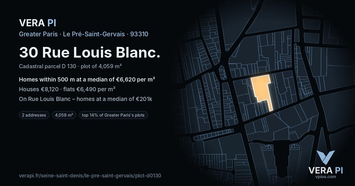 30 Rue Louis Blanc, Le Pré-Saint-Gervais at night – the plot lit, the parcels around coloured by the prices near them
