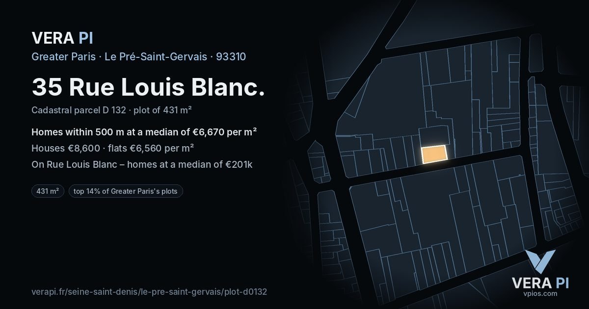 35 Rue Louis Blanc, Le Pré-Saint-Gervais at night – the plot lit, the parcels around coloured by the prices near them