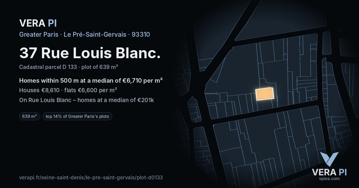 37 Rue Louis Blanc, Le Pré-Saint-Gervais at night – the plot lit, the parcels around coloured by the prices near them