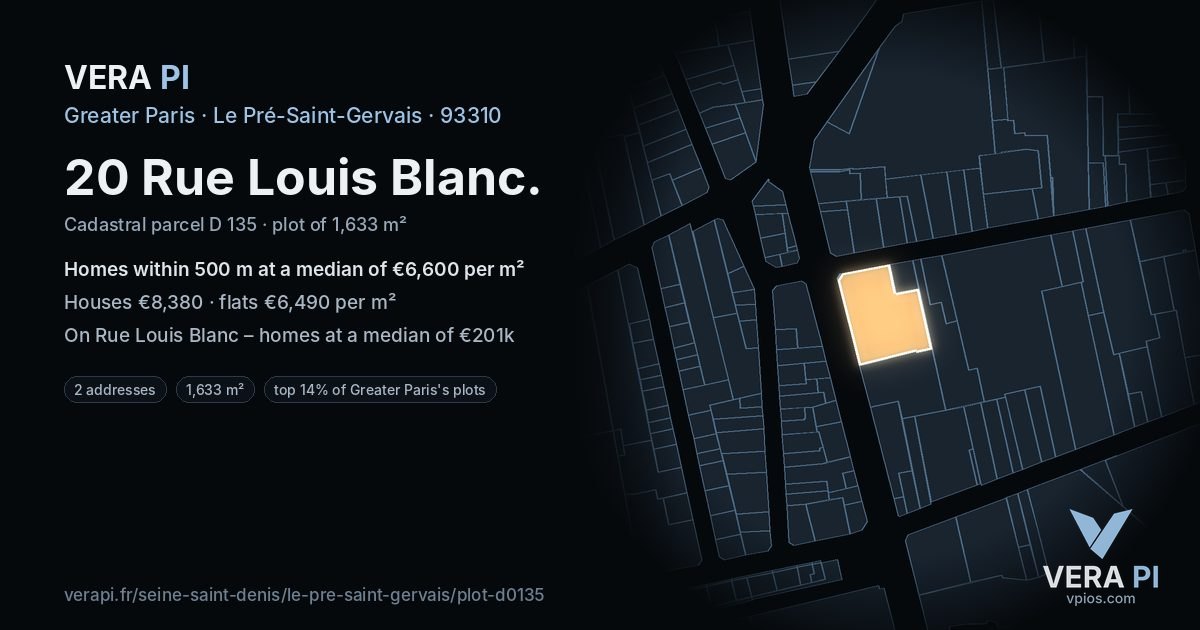 20 Rue Louis Blanc, Le Pré-Saint-Gervais at night – the plot lit, the parcels around coloured by the prices near them