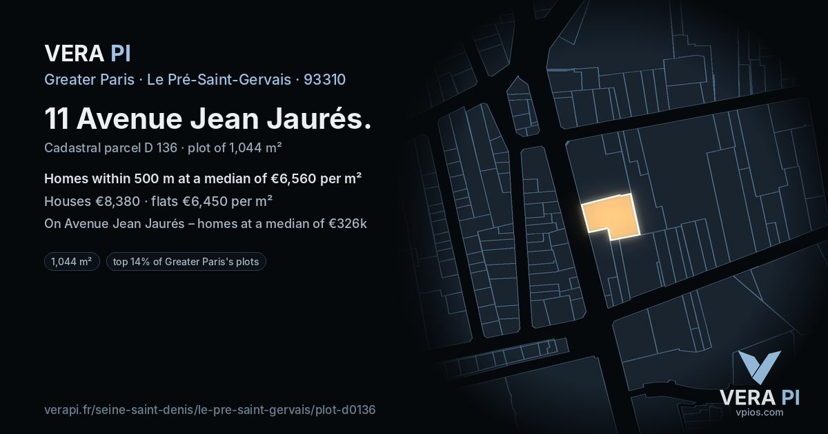11 Avenue Jean Jaurés, Le Pré-Saint-Gervais at night – the plot lit, the parcels around coloured by the prices near them