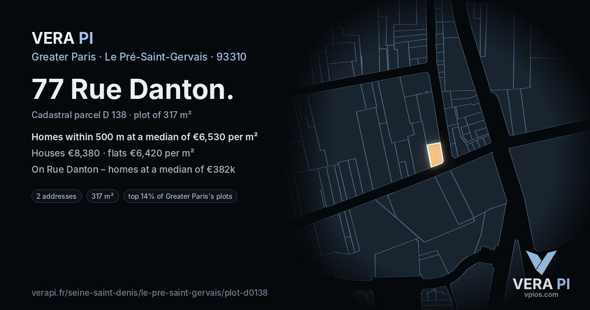 77 Rue Danton, Le Pré-Saint-Gervais at night – the plot lit, the parcels around coloured by the prices near them