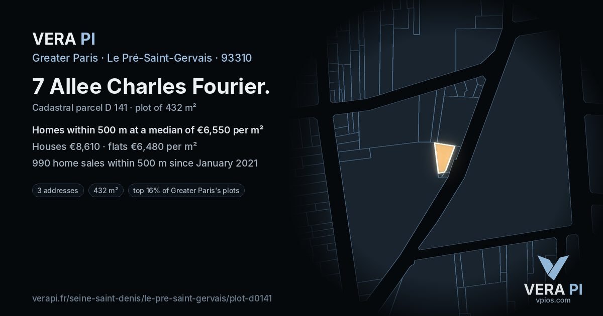 7 Allee Charles Fourier, Le Pré-Saint-Gervais at night – the plot lit, the parcels around coloured by the prices near them