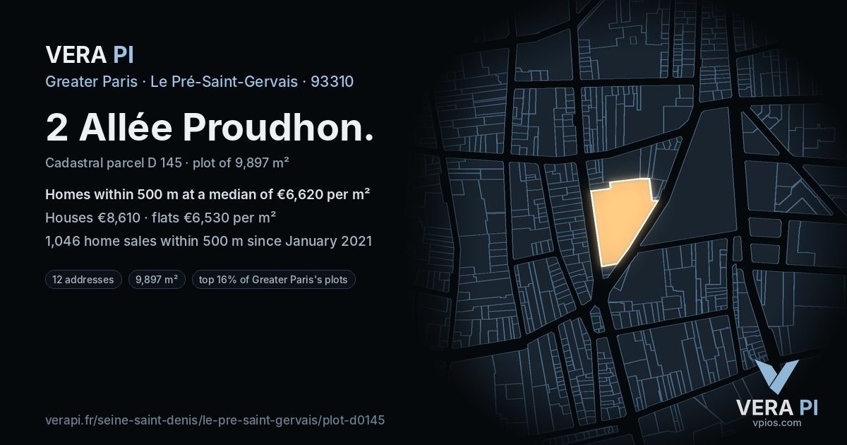 2 Allée Proudhon, Le Pré-Saint-Gervais at night – the plot lit, the parcels around coloured by the prices near them