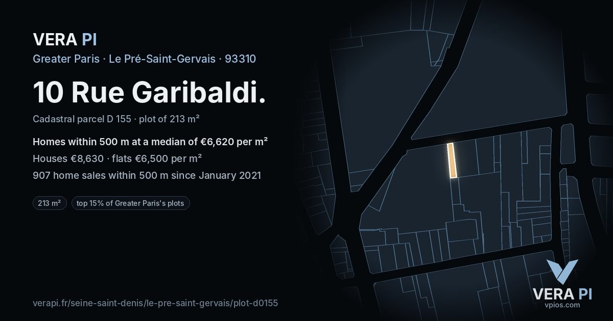 10 Rue Garibaldi, Le Pré-Saint-Gervais at night – the plot lit, the parcels around coloured by the prices near them