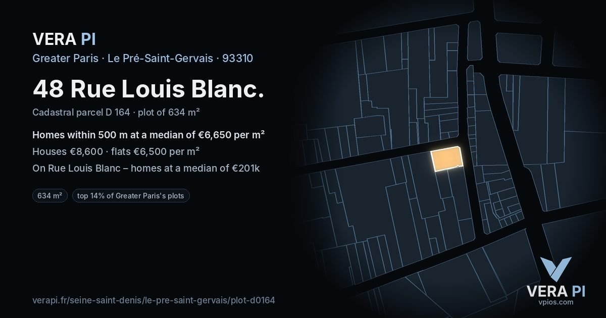 48 Rue Louis Blanc, Le Pré-Saint-Gervais at night – the plot lit, the parcels around coloured by the prices near them