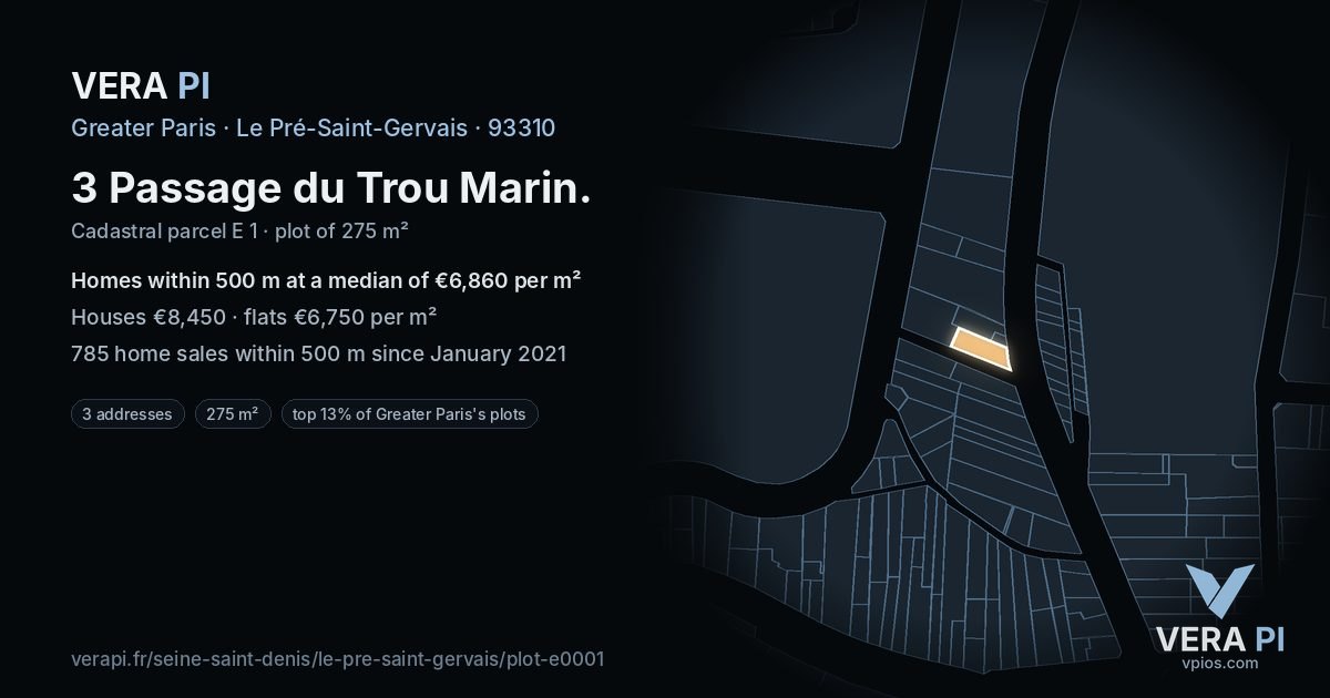 3 Passage du Trou Marin, Le Pré-Saint-Gervais at night – the plot lit, the parcels around coloured by the prices near them