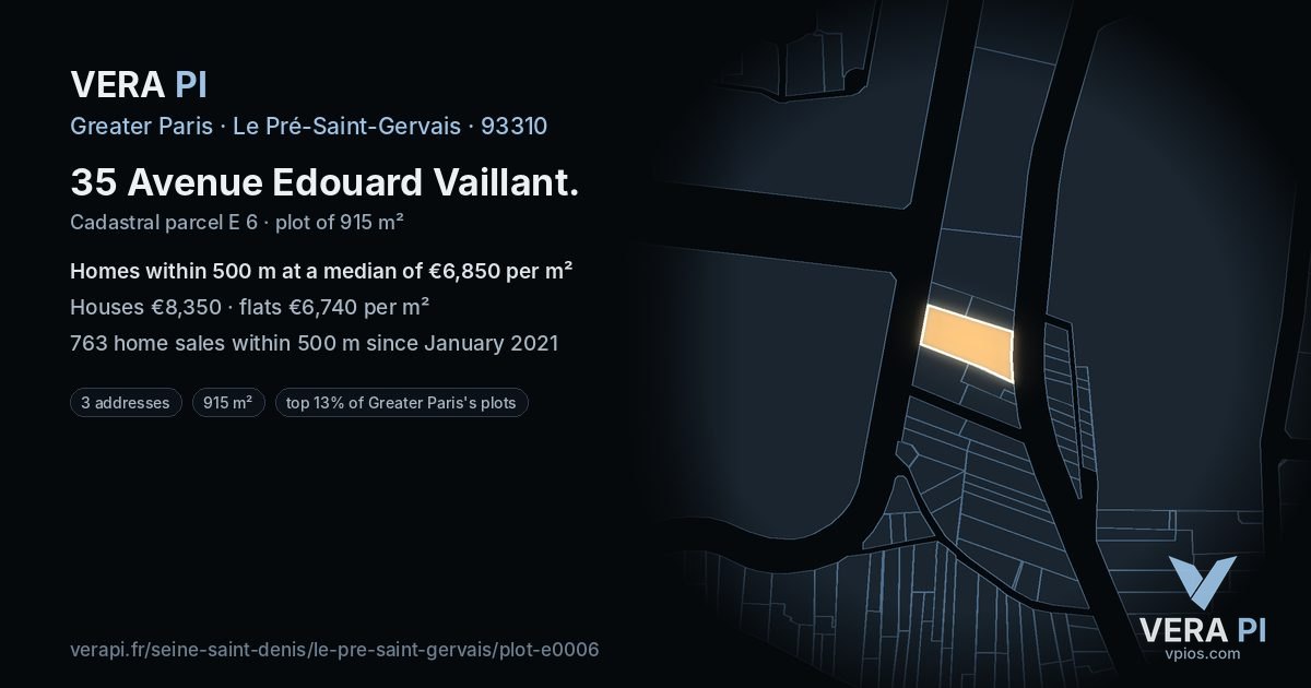 35 Avenue Edouard Vaillant, Le Pré-Saint-Gervais at night – the plot lit, the parcels around coloured by the prices near them
