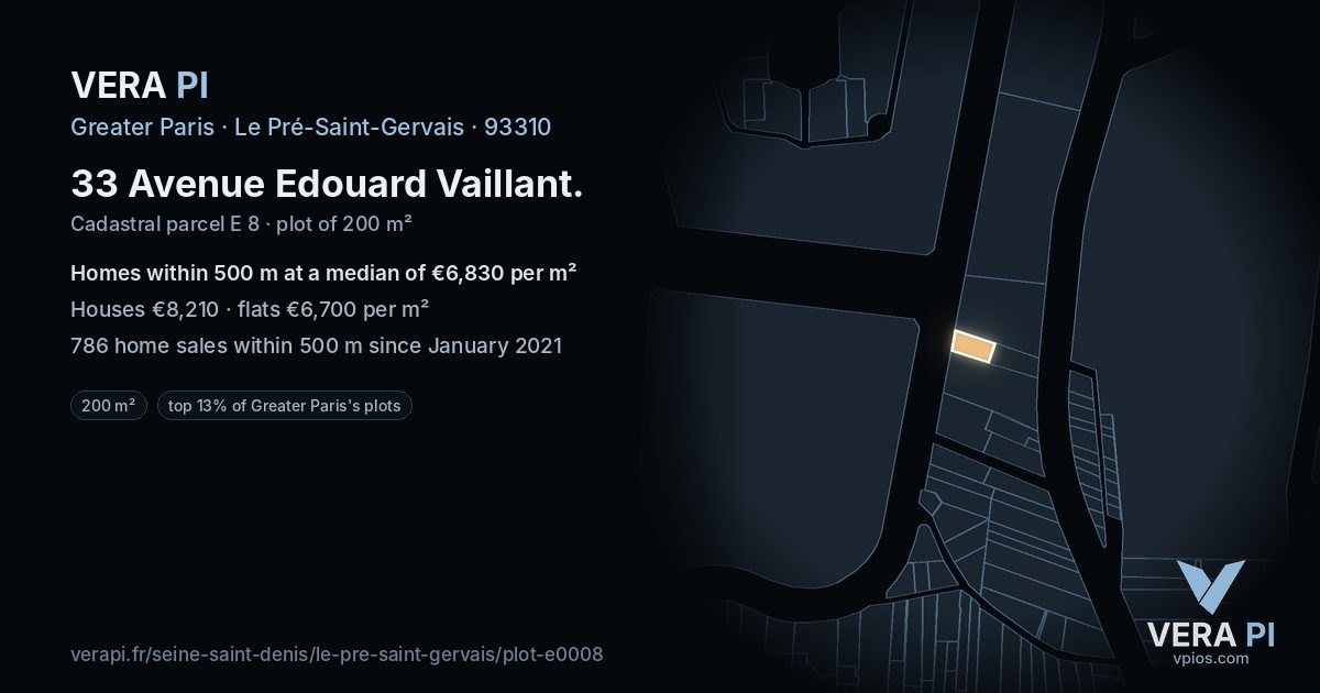 33 Avenue Edouard Vaillant, Le Pré-Saint-Gervais at night – the plot lit, the parcels around coloured by the prices near them