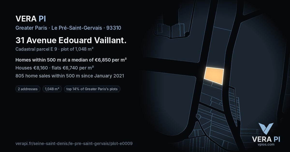 31 Avenue Edouard Vaillant, Le Pré-Saint-Gervais at night – the plot lit, the parcels around coloured by the prices near them