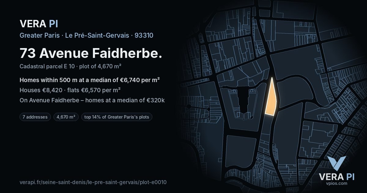 73 Avenue Faidherbe, Le Pré-Saint-Gervais at night – the plot lit, the parcels around coloured by the prices near them
