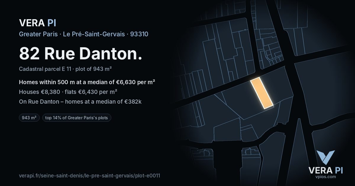 82 Rue Danton, Le Pré-Saint-Gervais at night – the plot lit, the parcels around coloured by the prices near them
