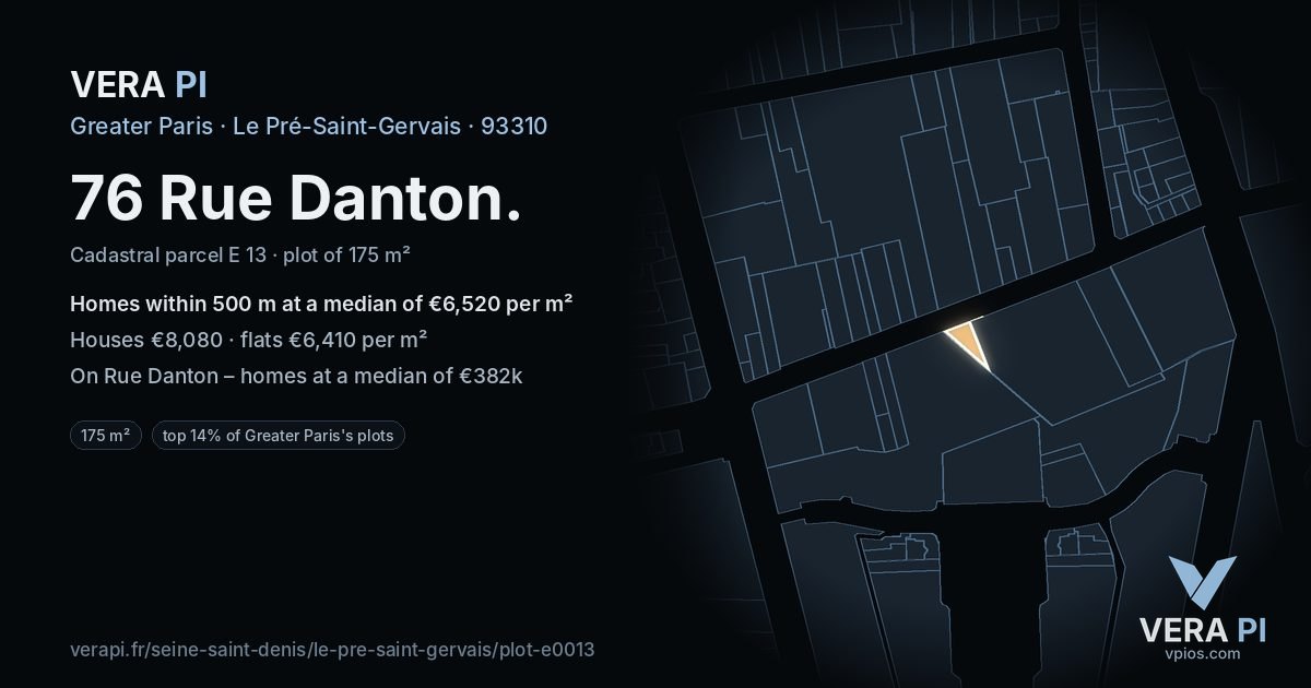 76 Rue Danton, Le Pré-Saint-Gervais at night – the plot lit, the parcels around coloured by the prices near them