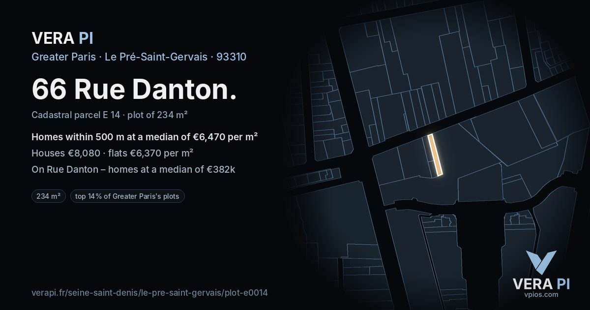 66 Rue Danton, Le Pré-Saint-Gervais at night – the plot lit, the parcels around coloured by the prices near them