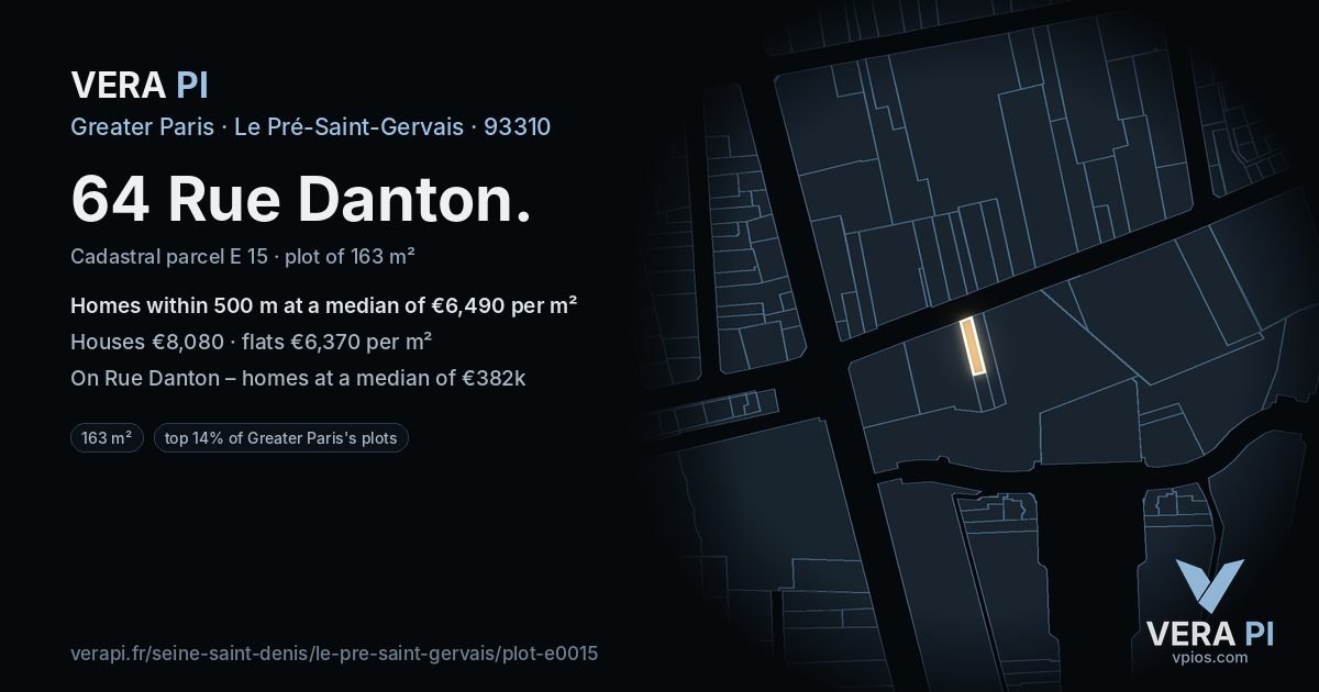64 Rue Danton, Le Pré-Saint-Gervais at night – the plot lit, the parcels around coloured by the prices near them