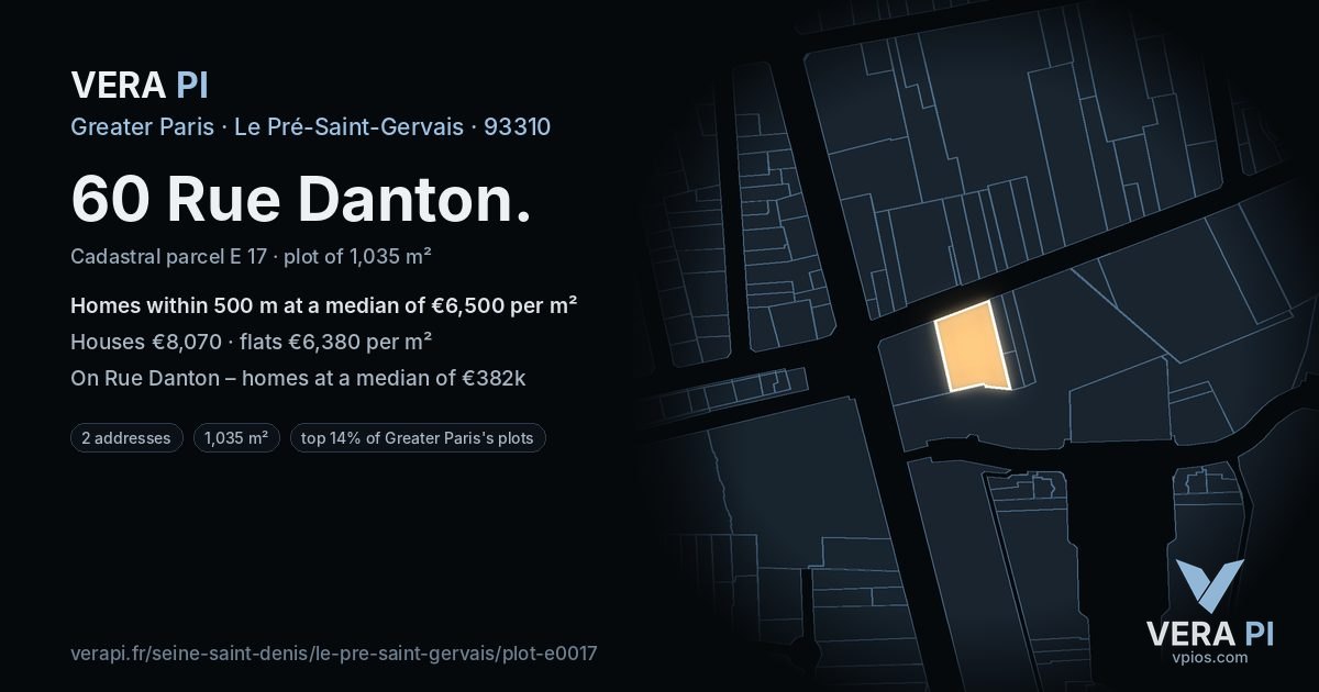 60 Rue Danton, Le Pré-Saint-Gervais at night – the plot lit, the parcels around coloured by the prices near them