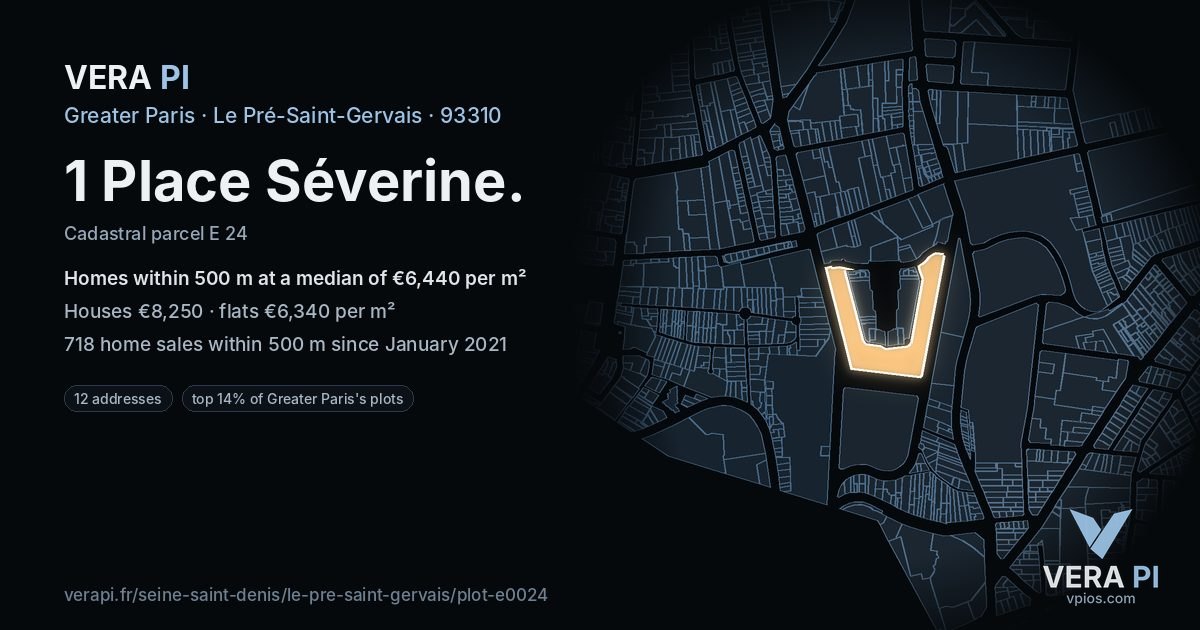 1 Place Séverine, Le Pré-Saint-Gervais at night – the plot lit, the parcels around coloured by the prices near them