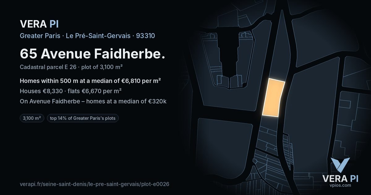 65 Avenue Faidherbe, Le Pré-Saint-Gervais at night – the plot lit, the parcels around coloured by the prices near them
