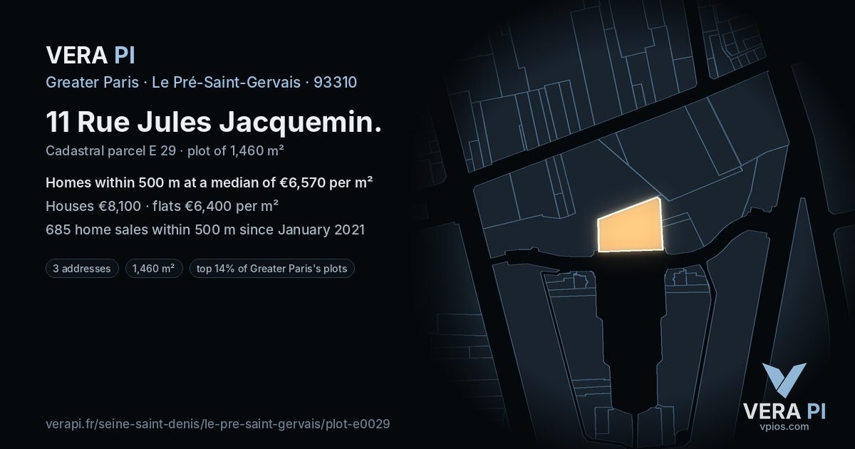 11 Rue Jules Jacquemin, Le Pré-Saint-Gervais at night – the plot lit, the parcels around coloured by the prices near them