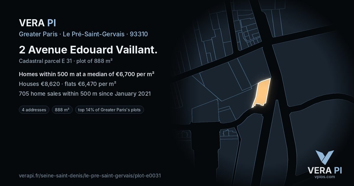 2 Avenue Edouard Vaillant, Le Pré-Saint-Gervais at night – the plot lit, the parcels around coloured by the prices near them