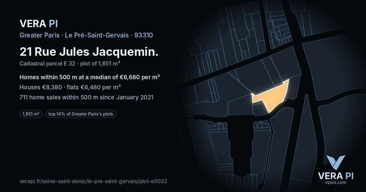 21 Rue Jules Jacquemin, Le Pré-Saint-Gervais at night – the plot lit, the parcels around coloured by the prices near them