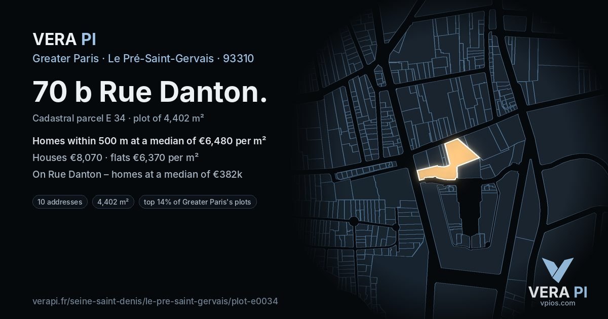 70 b Rue Danton, Le Pré-Saint-Gervais at night – the plot lit, the parcels around coloured by the prices near them