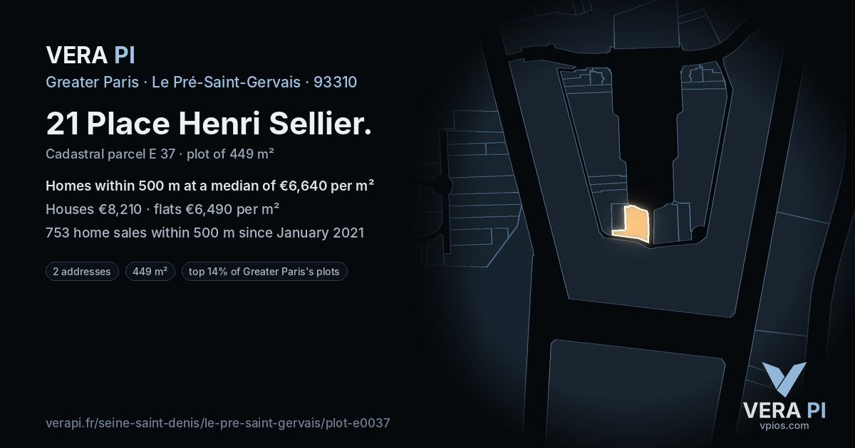 21 Place Henri Sellier, Le Pré-Saint-Gervais at night – the plot lit, the parcels around coloured by the prices near them