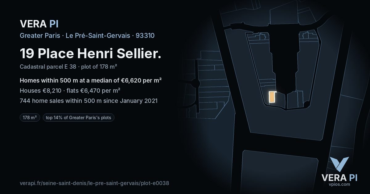 19 Place Henri Sellier, Le Pré-Saint-Gervais at night – the plot lit, the parcels around coloured by the prices near them