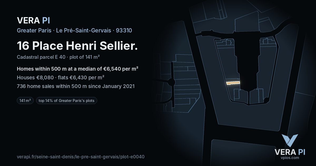 16 Place Henri Sellier, Le Pré-Saint-Gervais at night – the plot lit, the parcels around coloured by the prices near them
