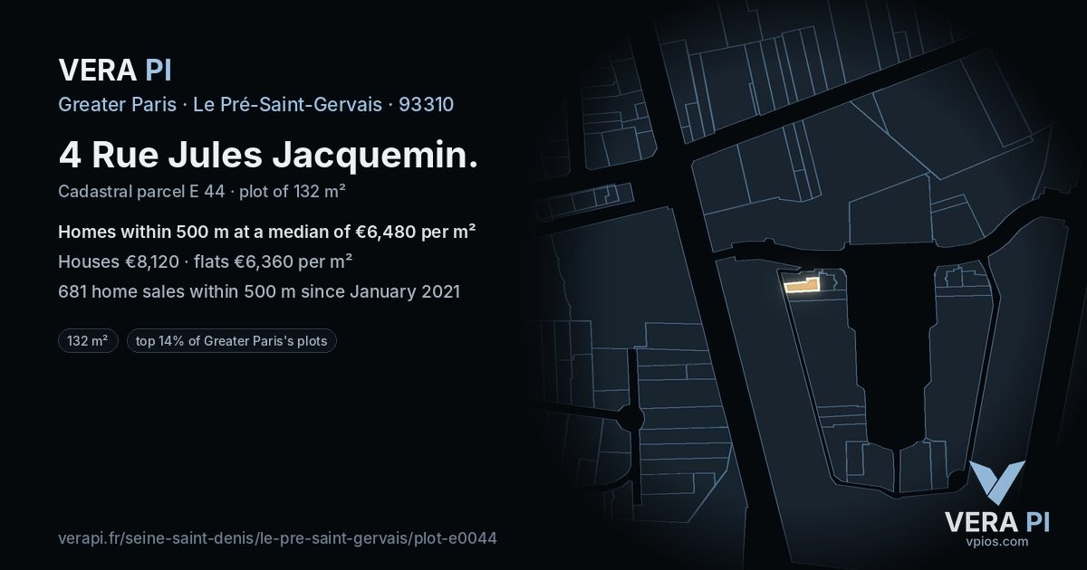 4 Rue Jules Jacquemin, Le Pré-Saint-Gervais at night – the plot lit, the parcels around coloured by the prices near them