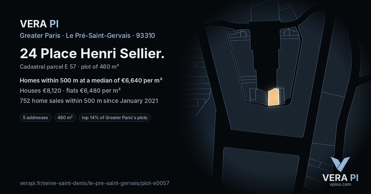 24 Place Henri Sellier, Le Pré-Saint-Gervais at night – the plot lit, the parcels around coloured by the prices near them