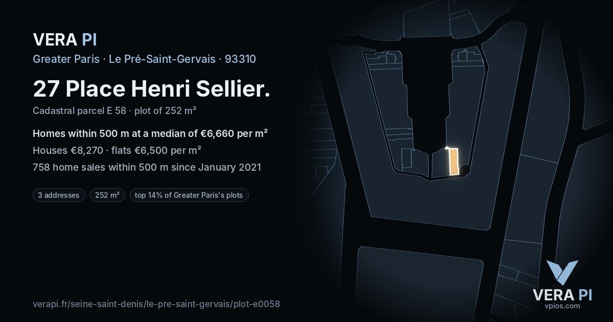 27 Place Henri Sellier, Le Pré-Saint-Gervais at night – the plot lit, the parcels around coloured by the prices near them