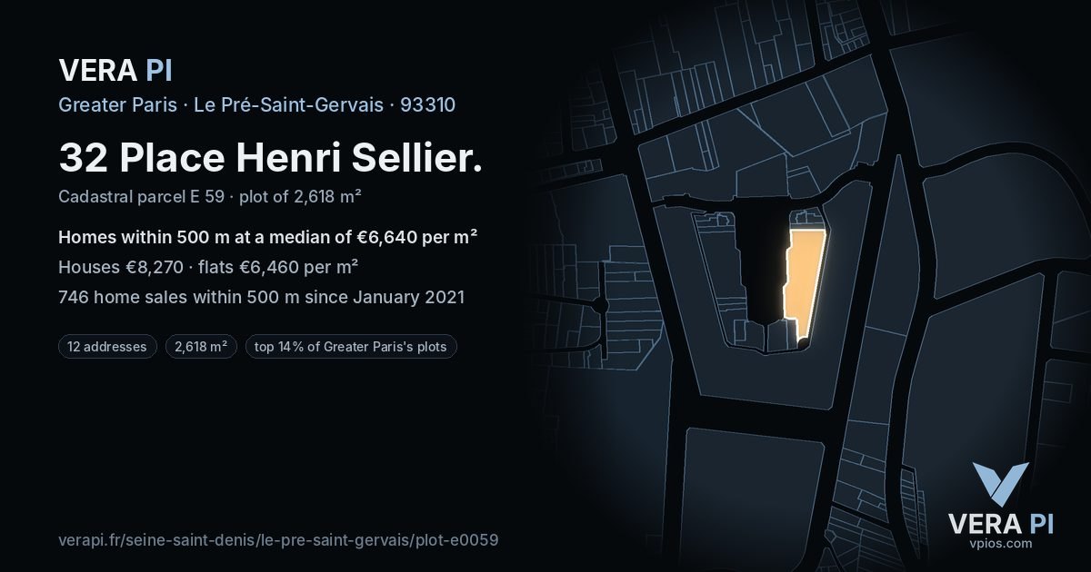32 Place Henri Sellier, Le Pré-Saint-Gervais at night – the plot lit, the parcels around coloured by the prices near them