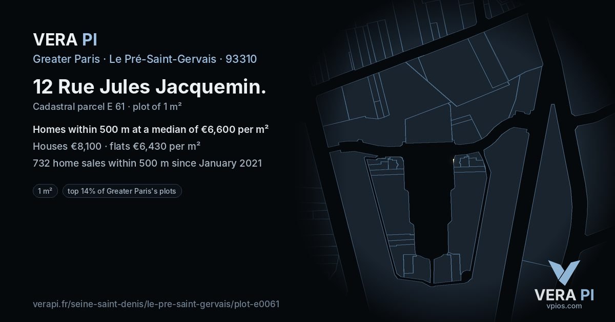 12 Rue Jules Jacquemin, Le Pré-Saint-Gervais at night – the plot lit, the parcels around coloured by the prices near them